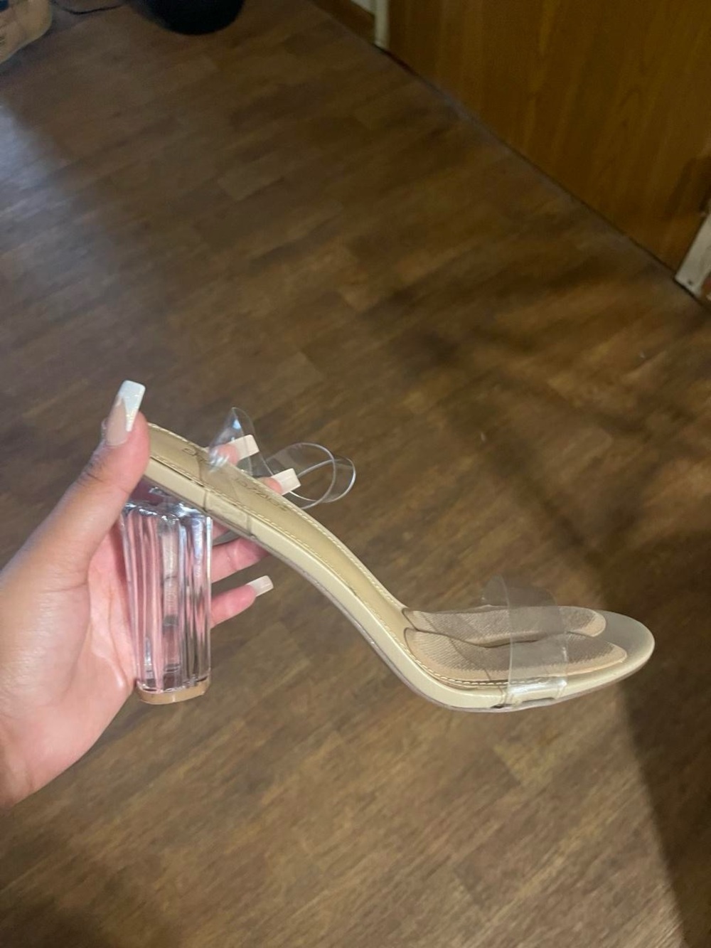 Shoe Dazzle Nude Clear-Strap Heeled Sandals with Lucite Block Heel